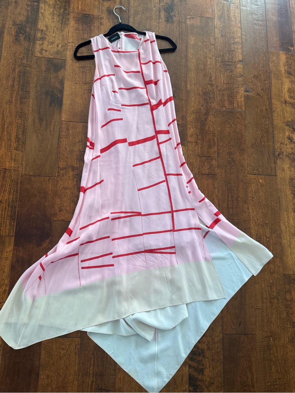 Akris Pink Maxi Dress with Red Linear Print and Cream Hem